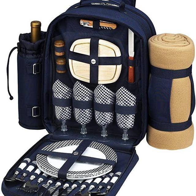 Bold Picnic Backpack with Blanket for 4 - Navy/White with Gingham