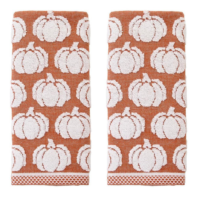 SKL Home Autumn/Fall/Thanksgiving Pumpkin Sculpted 100% Cotton Jacquard 2pc Hand Towel Set, Reversible, Soft & Absorbent, Decorative for Bath/Kitchen/Bar & Gift, Spice
