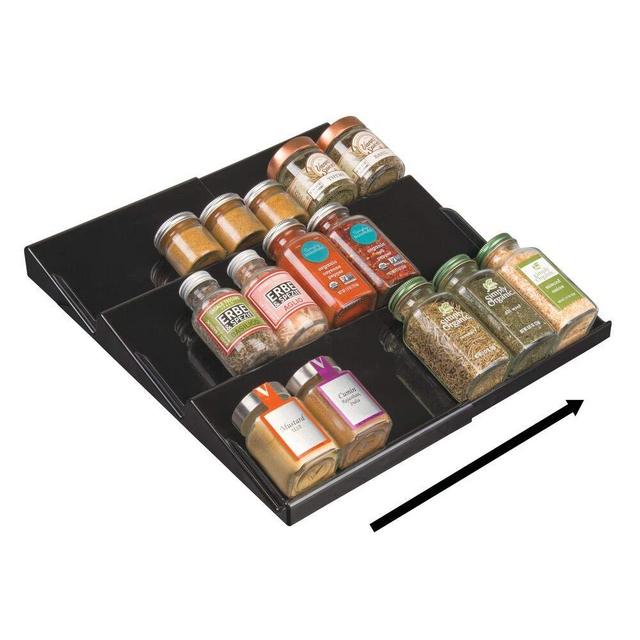 mDesign Adjustable, Expandable Plastic Spice Rack, Drawer Organizer for Kitchen Cabinet Drawers - 3 Slanted Tiers for Garlic, Salt, Pepper Spice Jars, Seasonings, Vitamins, Supplements - Black