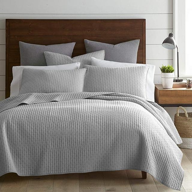 Levtex Home - Cross Stitch Quilt Set - 100% Cotton - Full/Queen Quilt (88x92in.) + 2 Standard Shams (26x20in.) - Light Grey