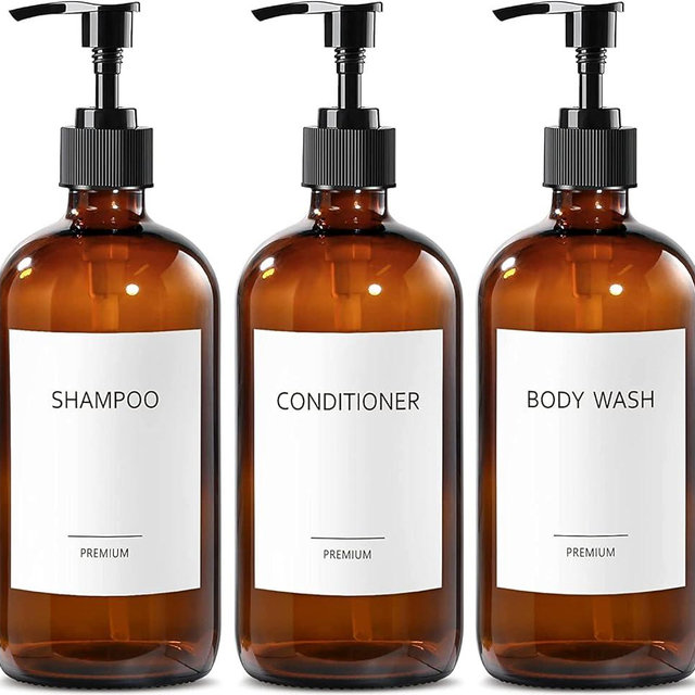 GMISUN Glass Amber Shampoo and Conditioner Dispenser Bottles, Refillable Shampoo and Conditioner, Body Wash Dispenser Bottles with Pump, Empty Reusable Bathroom Shower Bottles Set, 3 Pack(Amber)