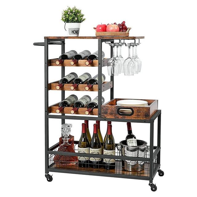 Bar Cart with Storage, Mobile Kitchen Serving Cart with Wine Rack and Glass Holder, Removable Wood Tray, Industrial Wine Cart on Wheels with Handle, Rustic Brown