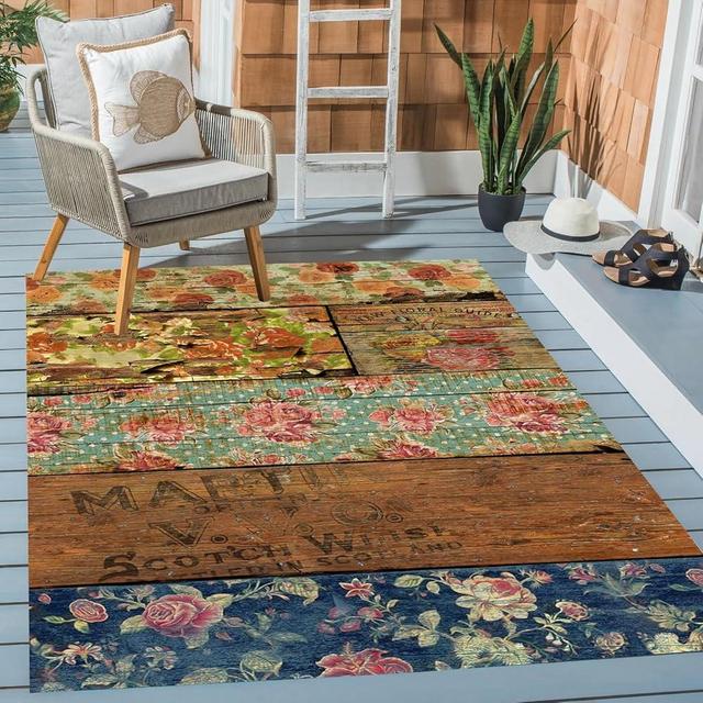 4x6 Outdoor Area Rug Navy Brown Modern Farmhouse Waterproof Rug for Patio Balcony Deck Porch Backyard Garden Floral Botanical Outside Carpet Washable Non Slip Entrance Mat
