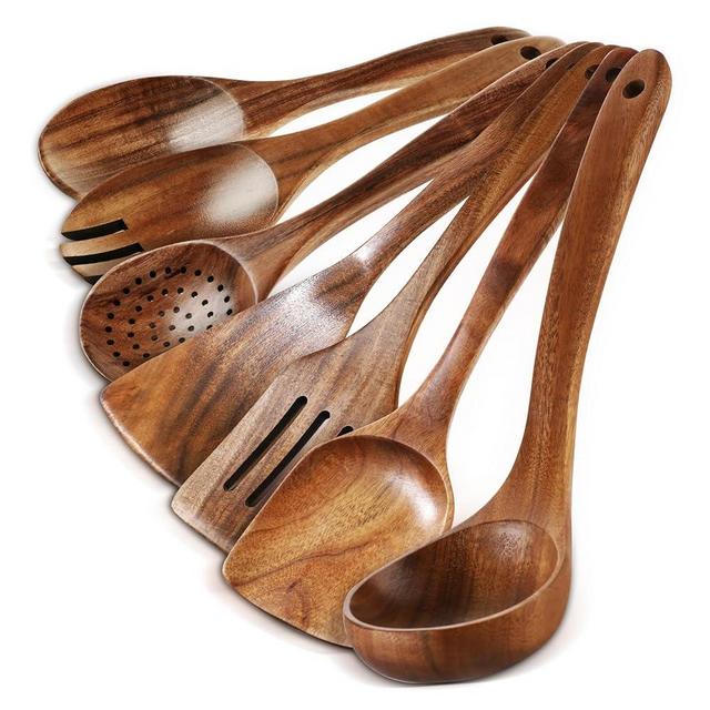 Wooden Spoons for Cooking - 7 Pieces Wooden Kitchen Utensils Set, Smooth Natural Teak Wood Utensil Set, Nonstick Heat-Resistant Cooking Utensils - Lightweight & Sturdy, Wooden Spatula for Cooking