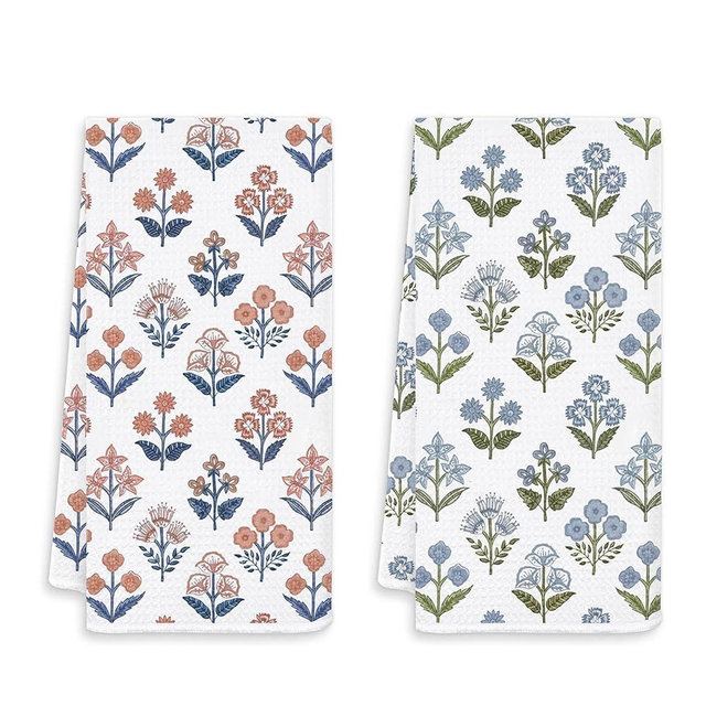 FOPENEM Grandmillennial Blue and Orange Floral Kitchen Towels, Cottagecore Navy Blue and Green Flower Decorative Hand Towels for Bathroom, Rustic Farmhouse Botanical Dish Tea Towel 16x24 Inch Set of 2