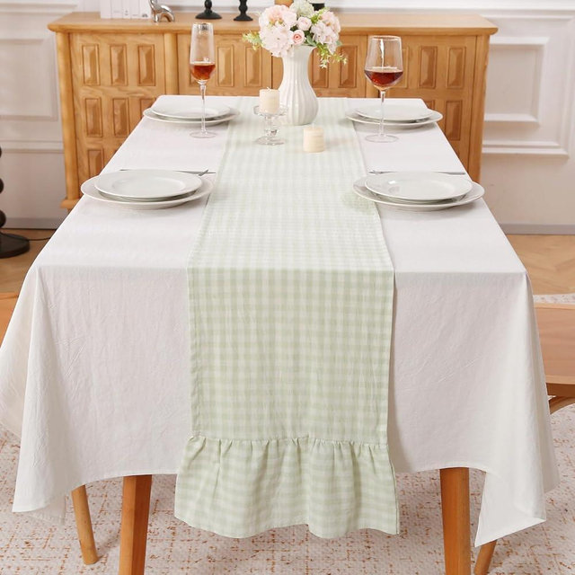 Pile Green White Plaid Gingham Ruffle Table Runner 72 inches Long 100% Washed Cotton Decorative Farmhouse Cabinet Cover (Pile Green, 72"x13")