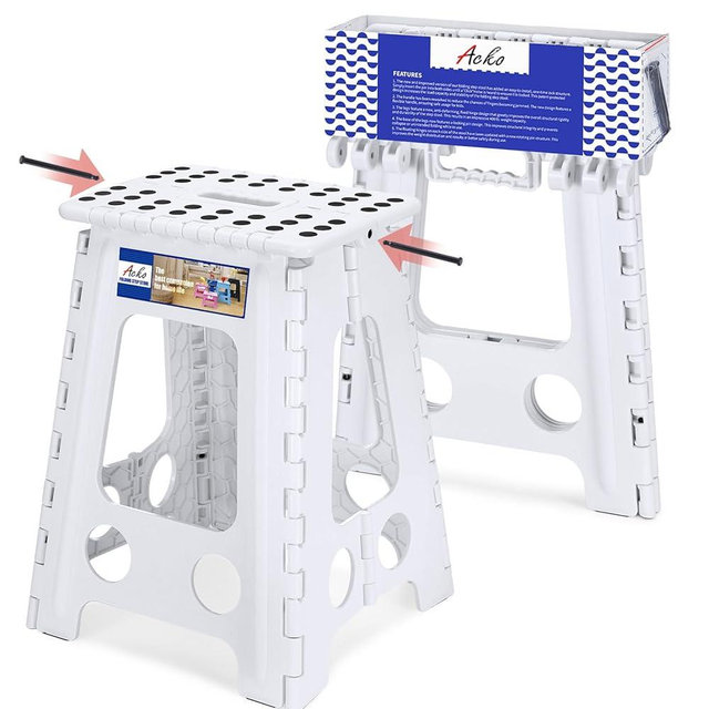 ACKO Folding Step Stool Foldable 17.5 Inch 400 lbs Capacity, Plastic Stools for Adults and Kids, Collapsible Stools for Kitchen, Stepping Stool with Handle (White)