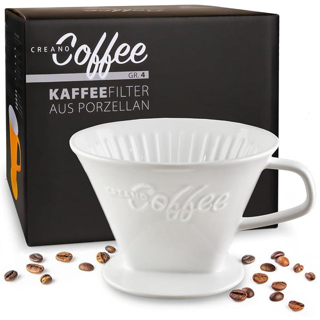 Creano Porcelain Coffee Dripper - White - Ceramic Cone Brewer - Pour Over Coffee Maker for Filter Bags Size 4 - Easy Manual Brew for pure taste - also for Camping, Hiking