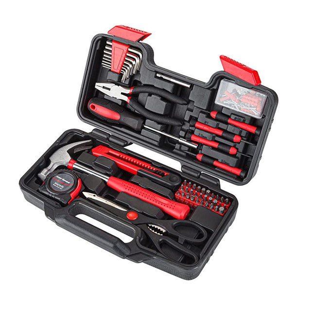 Cartman Red Tool Set General Household Hand Tool Kit with Plastic Toolbox Storage Case
