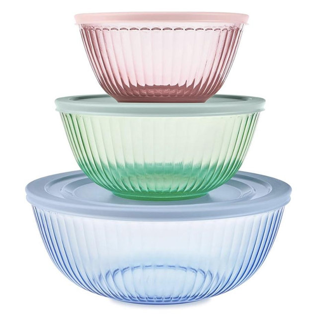 Pyrex Colors Tinted (3-Pack, Full Set) Sculpted Tinted Glass Mixing Bowls With Lids, Nesting Space Saving Set of Bowls For Prepping and Baking, 1.3QT, 2.3QT & 4.5Q, Blue
