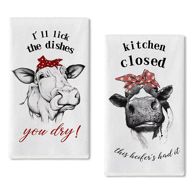 Seliem Funny Farm Cow Kitchen Dish Towel, Kitchen Closed The Heifers Had it I’ll Lick The Dishes You Dry Sign Tea Bar Hand Drying Cloth, Country Farmhouse Fun Animal Decor Home Decorations 18” x 28”