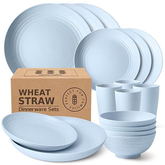 Teivio 16-Piece Kitchen Wheat Straw Dinnerware Set, Dinner Plates, Dessert Plate, Cereal Bowls, Cups, Unbreakable Plastic Outdoor Camping Dishes (Service for 4 (16 piece), Blue)