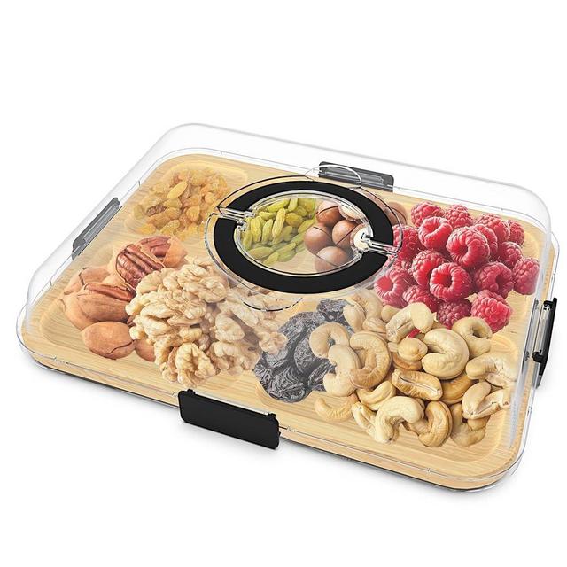 Charcuterie Board with Clear Lid and Handle,6 Compartments Bamboo Charcuterie Boxes for Picnics & Entertaining,Travel Portable Cheese Board Cutting Boards Perfect for Snacks& Fruit (Black)