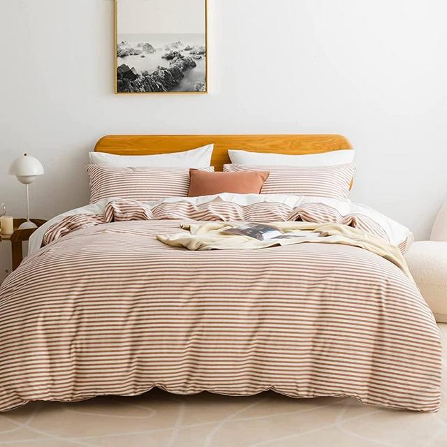 JELLYMONI 100% Natural Cotton 3pcs Striped Duvet Cover Sets,White Duvet Cover with Pink Stripes Pattern Printed Comforter Cover,with Zipper Closure & Corner Ties(Full Size)