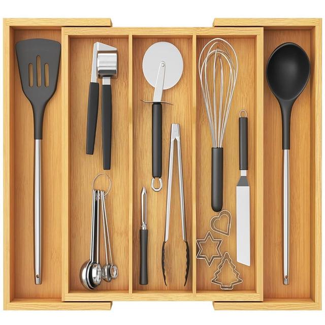Lifewit Utensil Organizer for Kitchen Drawer, Expandable Cooking Utensil Tray, Bamboo Cutlery Silverware Flatware Holder, Adjustable Spatula Tools and Gadgets Storage Divider, Large, Natural