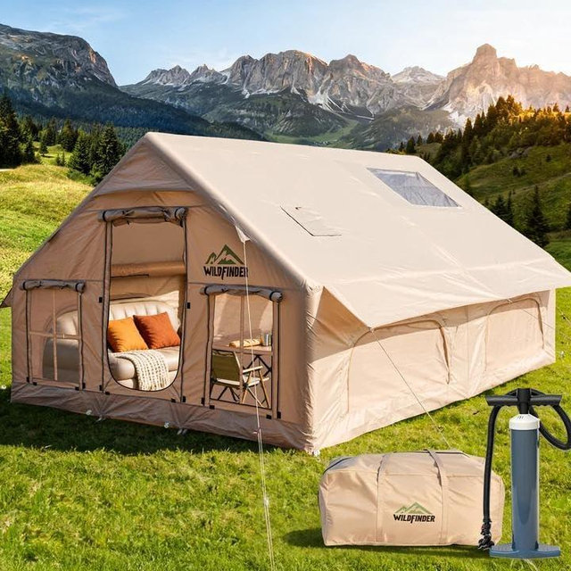 Inflatable Tent with Skylight, Quick Setup Blow Up Tents with Pump, Hot Tent with Stove Jack, Waterproof Oxford Inflatable House for Camping, Air Glamping Tents for Camping Adult 8-12 Person