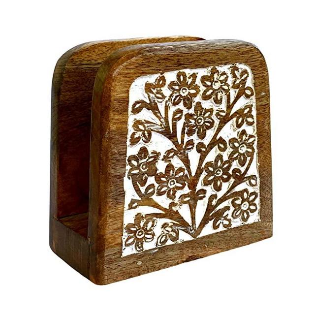 Mie Creations Farmhouse Rustic Wood Napkin Holder for Table Distressed Wooden, Boho Paper Holders Kitchen, Dining, Restaurant Shabby Chic Nature Hand Carving Standing Dispenser White, 5.5''x5.5''x3''