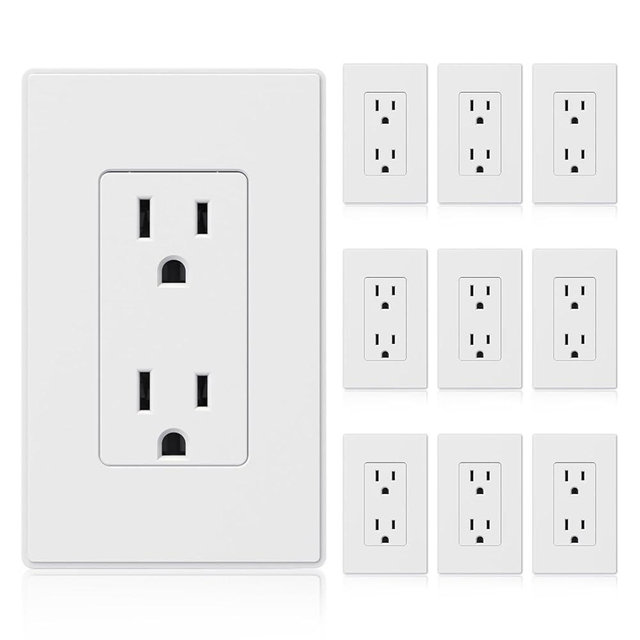 ELEGRP Matte White Standard Decorator Electrical Wall Receptacle Outlet, 15A 125V, 2 Pole 3 Wire, Non- Tamper Resistant, NEMA 5-15R, Self-Grounding, Wall Plate Included, UL Listed, 10 Pack
