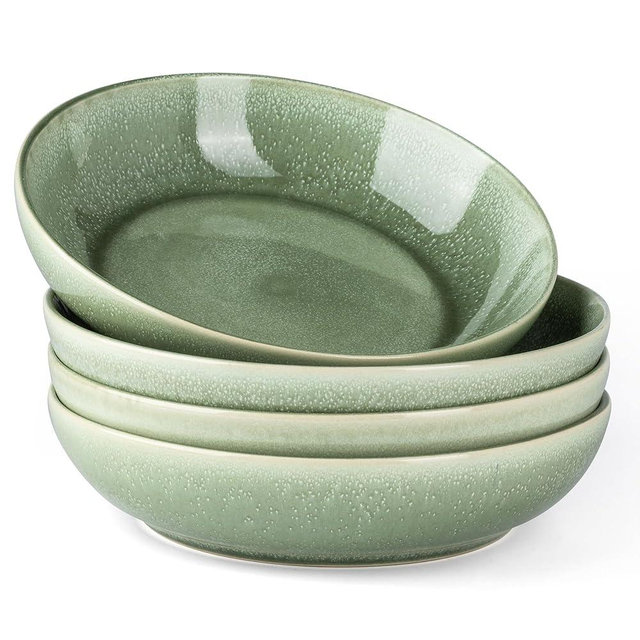 AmorArc 8.5'' Large Ceramic Pasta Bowls Set, 36oz Stoneware Bowls Set of 4 for Kitchen, Reavtive Glaze Bowls-Microwave,Dishwasher Safe for Pasta,Salad,Oatmeal-Olive Green