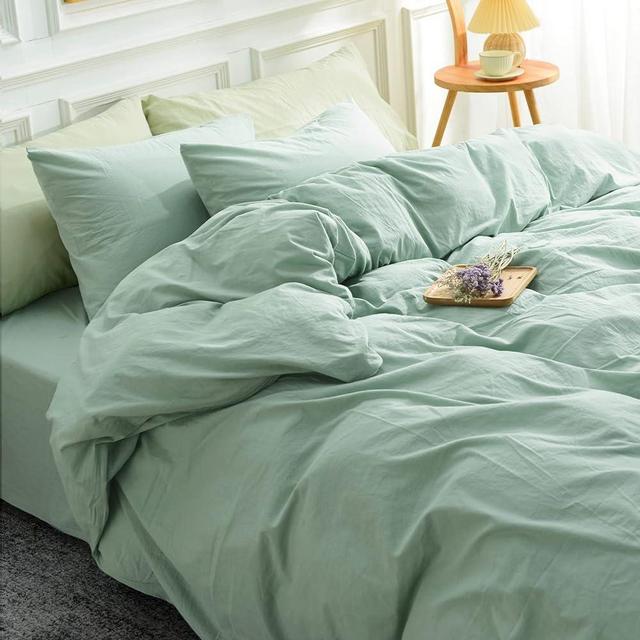 NEXHOME PRO Green Duvet Cover Set Super King 108"x98" Linen Feel Textured Organic Natural 100% Washed Cotton Duvet Cover 3 Pieces Bedding Set with Zipper Closure, Breathable, Soft (No Comforter)