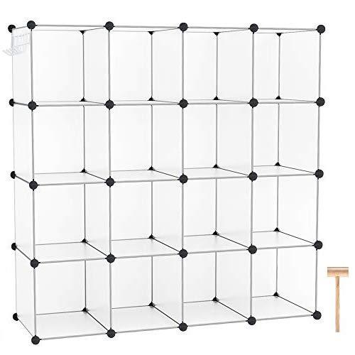 C&AHOME Cube Storage Organizer, 16-Cube Shelves Units, Closet Cabinet, DIY Plastic Modular Book Shelf, Ideal for Bedroom, Living Room, Office, 48.4" L × 12.4" W × 48.4" H Transparent White