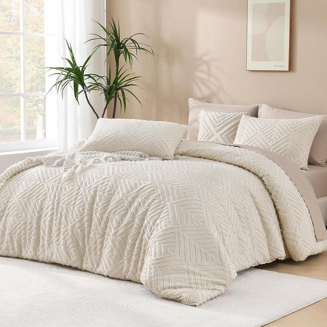 Andency Oversized King Comforter 120''x98'', 3 Pieces Beige Soft Boho Bedding Set & Collections, All Season Farmhouse Tufted Fluffy Bed Set (1 Comforter, 2 Pillowcases)