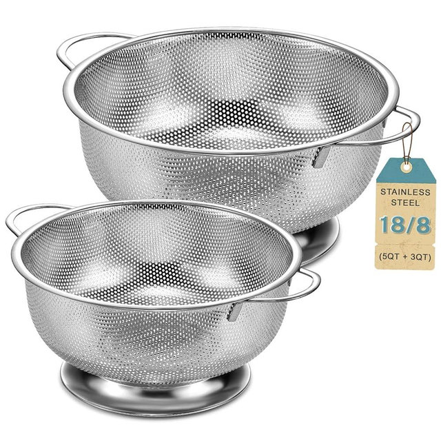Pleafind 18/8 Stainless Steel Colander for Kitchen - 5 qt and 3 qt, Rapid-Flow Strainers and Colanders with Handle, Pasta Strainer with Sturdy Base for Stable Use, Rust-Resistant & Dishwasher Safe