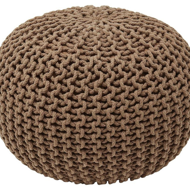 Ornavo Home Pouf Ottoman Foot Rest - 100% Cotton Pouffe - Hand Knitted Cable Braid Cord - Boho Round Stuffed Ottoman for Living Room, Bedroom - Taupe/Brown