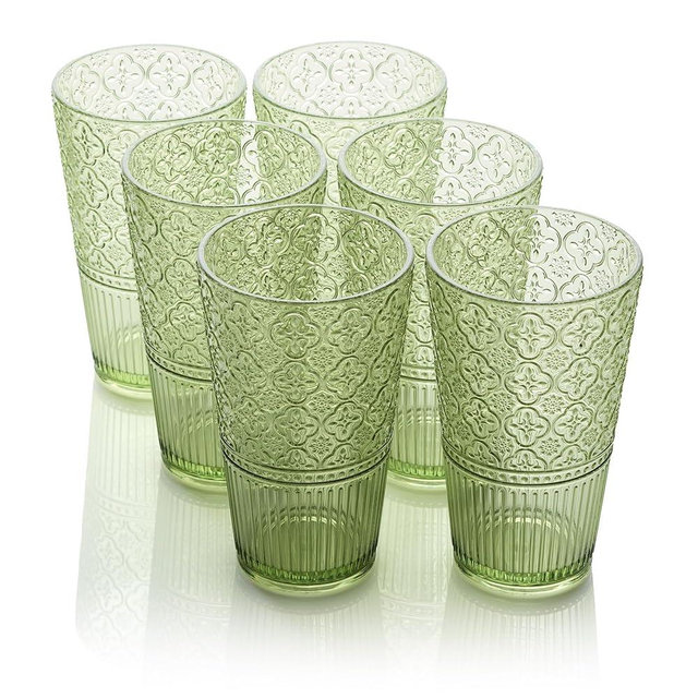 Certified International Victoria Green Set of 6 Premium Acrylic Ice Tea Glass 22 oz – Unbreakable Glassware with Elegant Embossed Design, Dishwasher Safe for Indoor & Outdoor Use