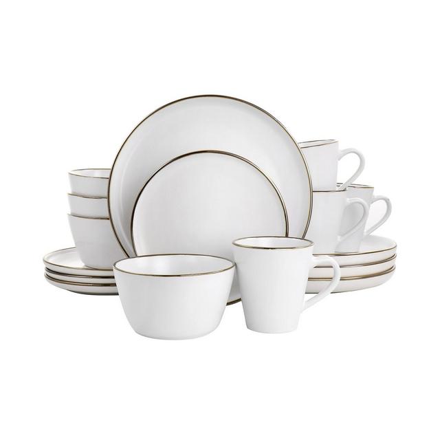 Elama Flat, Raised Rim, Gold-Tone Trim Alejandro 16 Piece Stoneware Dinnerware Set, Service for 4