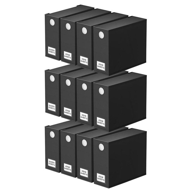 SpaceAid 12 Pack Bed Sheet Organizers and Storage, Foldable Sheet Organizer for Linen Closet, Set Folder Keeper with Window XL (Queen & King Size) Bedding Container (Black)
