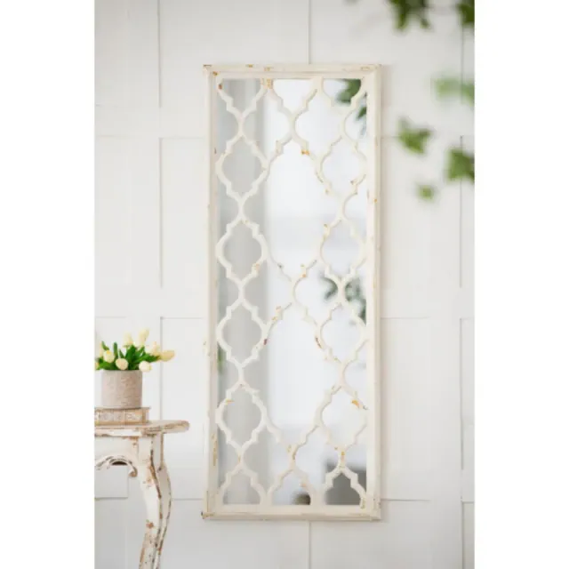 28"x59" Glister Rectangular Mirror with Distressed White Frame with Decorative Window Look, Vertical or Horizontal
