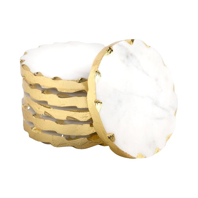 LAVAUX DESIGNS set of 6 Real marble coasters with golden borders, decoratice white & gold coasters for desk, coffee table | Thick & heavy coaster set, 4 inch dia (Gold)
