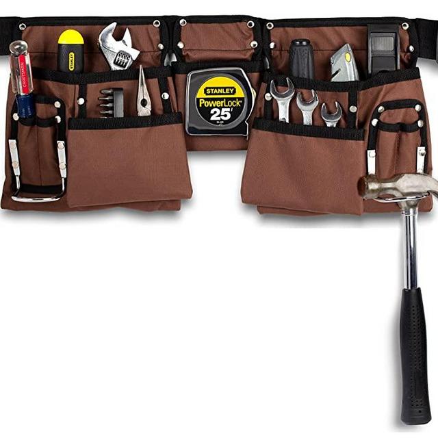 11 Pocket Brown and Black Heavy Duty Construction Tool Belt, Work Apron, Tool Pouch, with Poly Web Belt Quick Release Buckle - Adjusts from 33” Inches All the Way to 52” Inches