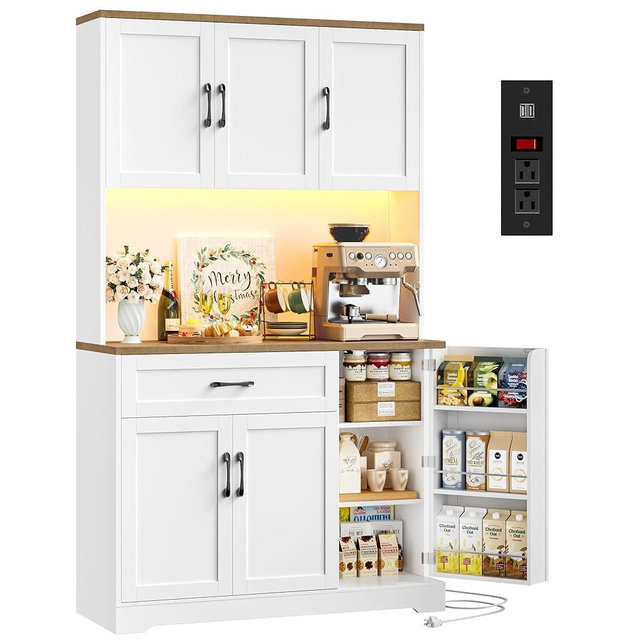 HIFIT 71" LED Pantry Cabinet with Power Outlet, Tall Kitchen Hutch Storage Cabinet with Microwave Stand & 6 Door Shelves, Modern Food Pantry Cabinets with Drawer for Kitchen Dining Living Room, White