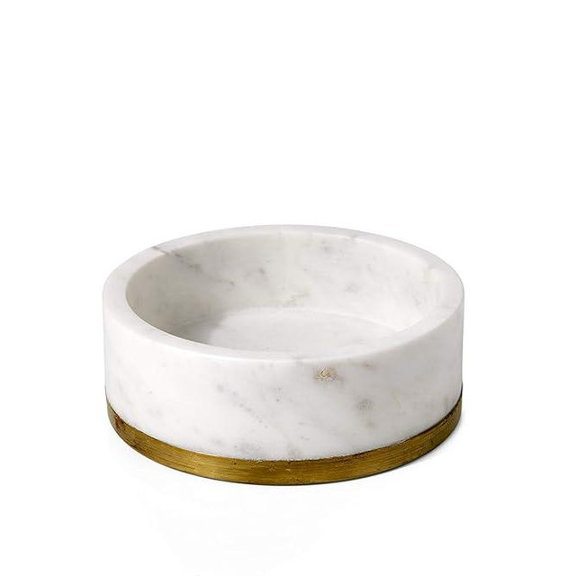 Serene Spaces White Marble Bowl with Brass Ring - Decorative Multi-Purpose Centerpiece and Fruit Bowl - Medium Size, 2" Tall x 6" Diameter