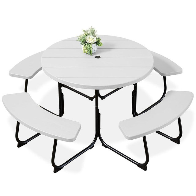 Best Choice Products 8-Person Outdoor Bench Patio Picnic Table, Circular w/ 4 Built-in Benches and Umbrella Hole, 2000lb Capacity - White