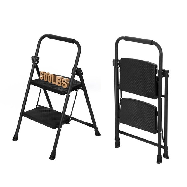 Step Ladder 2 Step Folding Step Stool for Adults 500lbs Capacity Portable Sturdy Steel Step Stool with Anti-Slip Pedals Perfect for Kitchen & Household (2-Step)