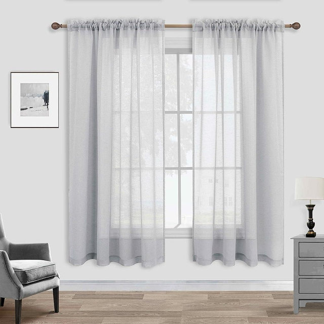 Light Gray Sheer Curtains Linen Textured Weave for Master Guest Bedroom 2 Panels Rod Pocket Modern Stylish Semi Sheer Drape Summer Curtain for Small Window Home Fashion 52 x 63 Inch Length Silver Grey
