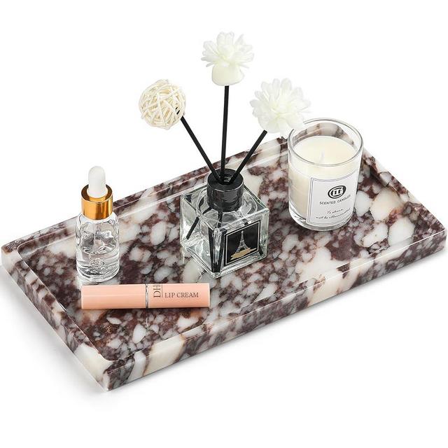 Natural Marble Vanity Tray - Moujings Genuine Marble Perfume Tray for Bathroom Decor, Stone Bathroom Vanity Organizer Tray for Kitchen Counter, Candles, Jewelry, Coffee, Makeup, Key