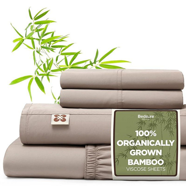 Bedsure 100% Organically Grown Bamboo Viscose Sheets - 18 Inches Deep Pocket Sheets with Elastic Corner, King Size Sheets Set, Ultra-Soft, Silky & Cooling Bedsheets, Oeko-Tex, 4 Pieces, Taupe