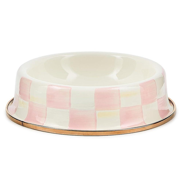 MACKENZIE-CHILDS Enamel Pet Bowl, Cute Cat and Dog Bowl for Food and Water, Small, Pink-and-White Rosy Check