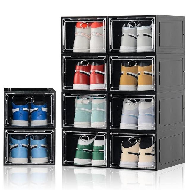 Amllas 10 Pack Shoe Boxes Stackable,Upgraded Sturdy Shoe Storage Boxes with Clear Magnetic Door,Multifunctional Sneaker Storage, Shoe Box Organizer Fit up to US Size 12 Black(13.8”x 9.84”x 7.1”)