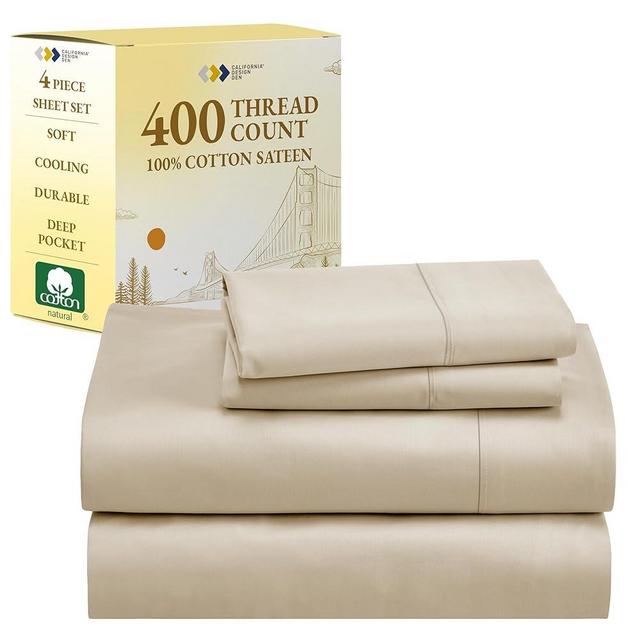 California Design Den Full Size Bed Sheets Set - Soft 400 Thread Count Sateen, Natural 100% Cotton Sheets Set with Deep Pockets, Breathable, Cooling and Durable Bedding - Beige