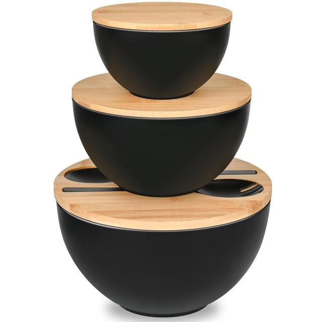 LOVYANXUE Bamboo Salad Bowls with Lids, Large Salad Bowl Set, Mixing Bowls Set with Spoon and Fork for Preparing and Serving Salad, Cereal, Fruit, Veggies, Popcorn, Chips, Stackable Storage