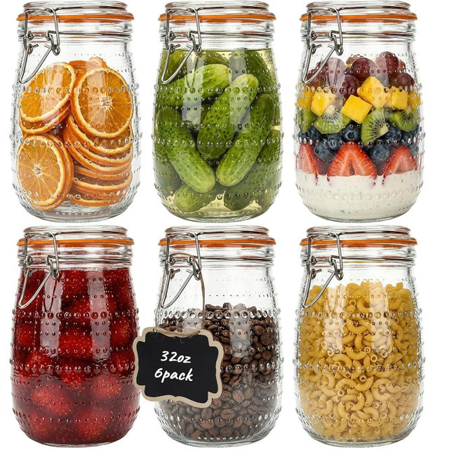 CycleMore 32oz Mason Jars, 6-Pack Weck Jars with Airtight Clip Lids, Wide Mouth Canning Jars, Quart Glass Canister– Ready for Kitchen Storage, Pickling, Coffee, Sugar, Flour