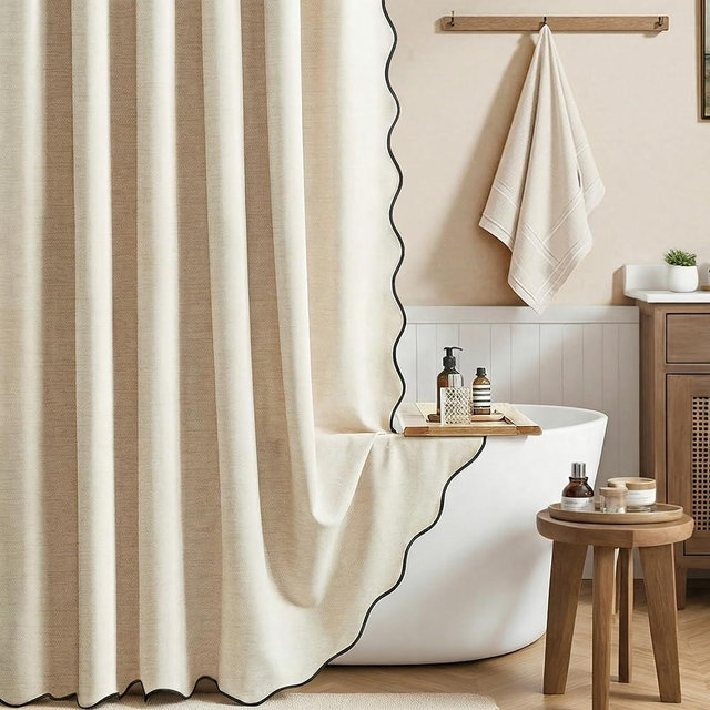BTTN Beige Scalloped Shower Curtain, Boho Linen Textured Heavy Duty Shower Curtain Set with 12 Plastic Hooks, Elegant Decorative Waterproof Fabric Shower Curtains for Bathroom - 72x72 - Cream