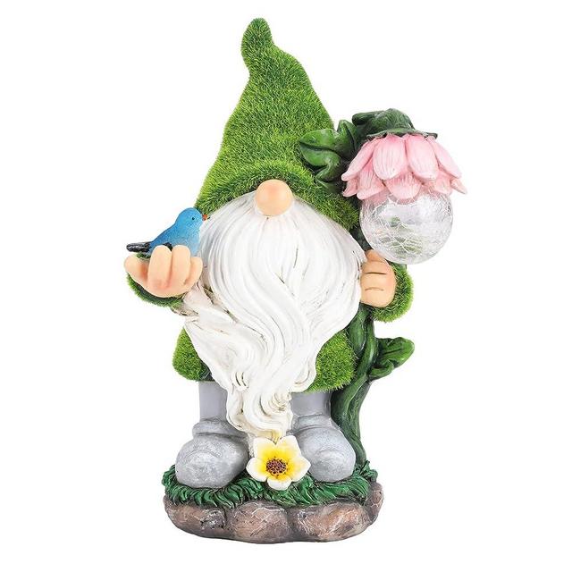 Ovewios Garden Gnome Statue - Funny Gnome Decoration Hold Flower with Solar Crackle Glass Globe Lights, Resin Gnome Figurine Ornament for Patio Yard Lawn Porch Outdoor Decor
