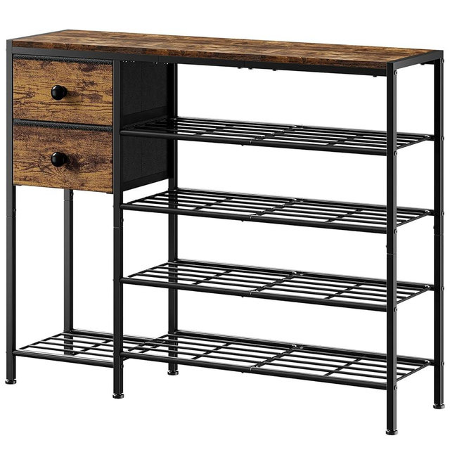 UNITSTAGE 5-Tier Shoe Rack with 2 Fabric Drawers, Metal Frame and Wooden Board Shoe Organizer for 16-20 Pairs of Shoes, Shoe Shelf with Boots Storage for Entryway Closet Rustic Brown