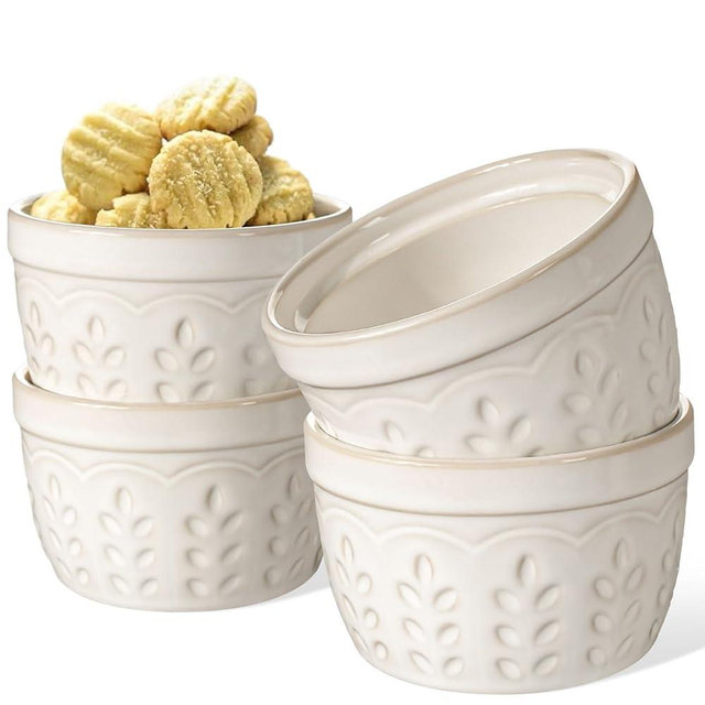Artena Ramekins Oven Safe, Creme Brulee Ramekins, Embossed White Ceramic Souffle Pudding Custard Cups, Baking Dish, Dipping Bowls, Sauce Cups, Set Of 4 (Wheat Leaf, 8 oz)